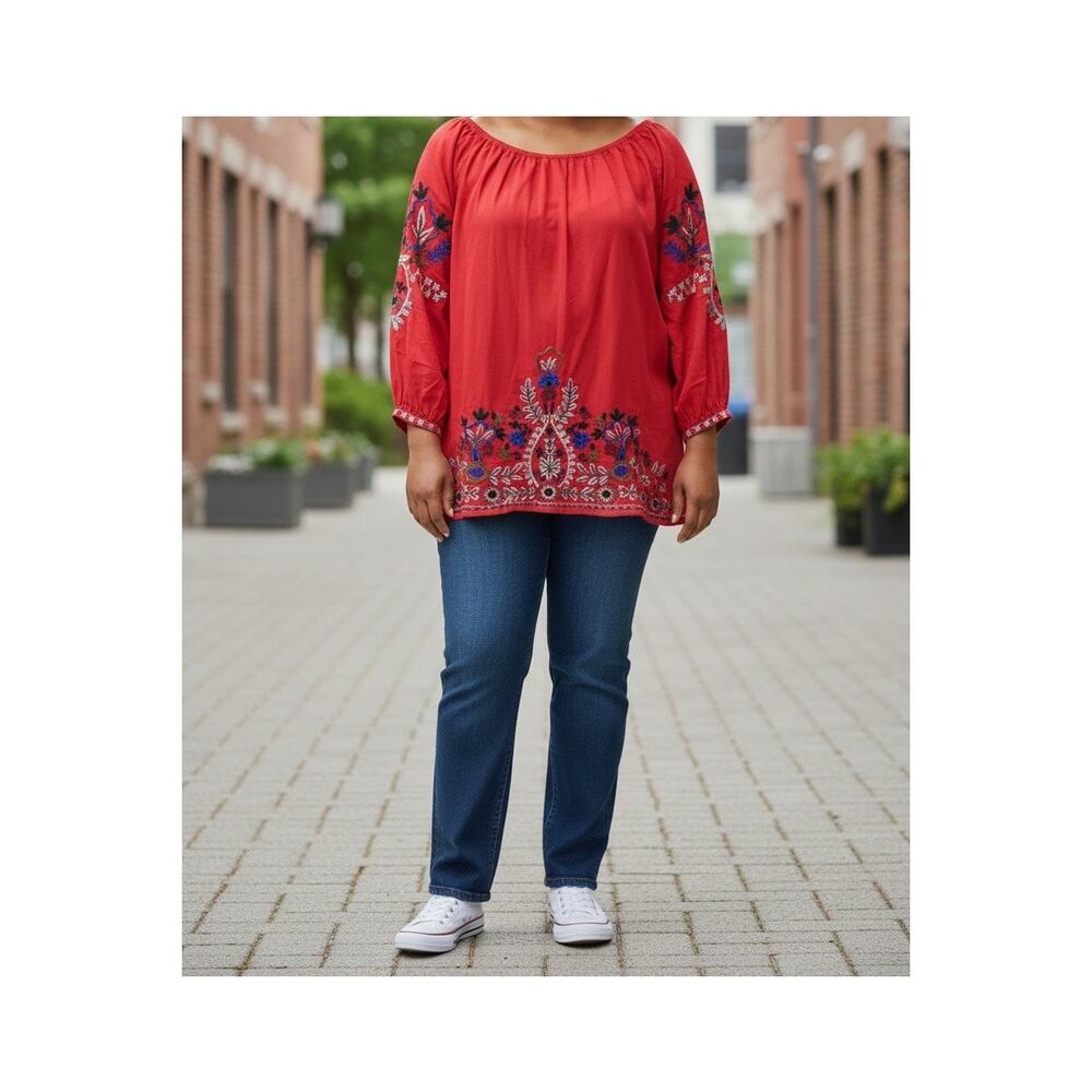Angel Heart Red Embroidered Top – Size 1X (16–18) – Boho Off-Shoulder